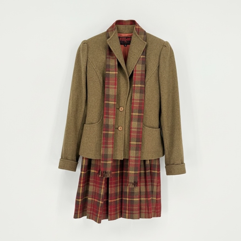Vintage 80s Stirling Cooper Wool Plaid Skirt Suit Set 3 Pc Blazer Size Small